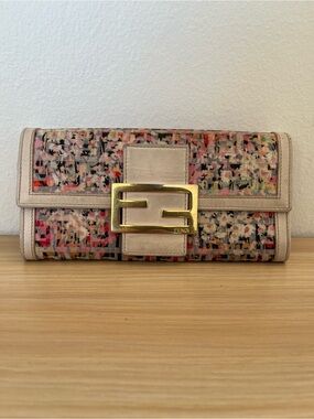 Fendi Zucchino Flower Clutch with Beige Leather Trim and Gold Hardware